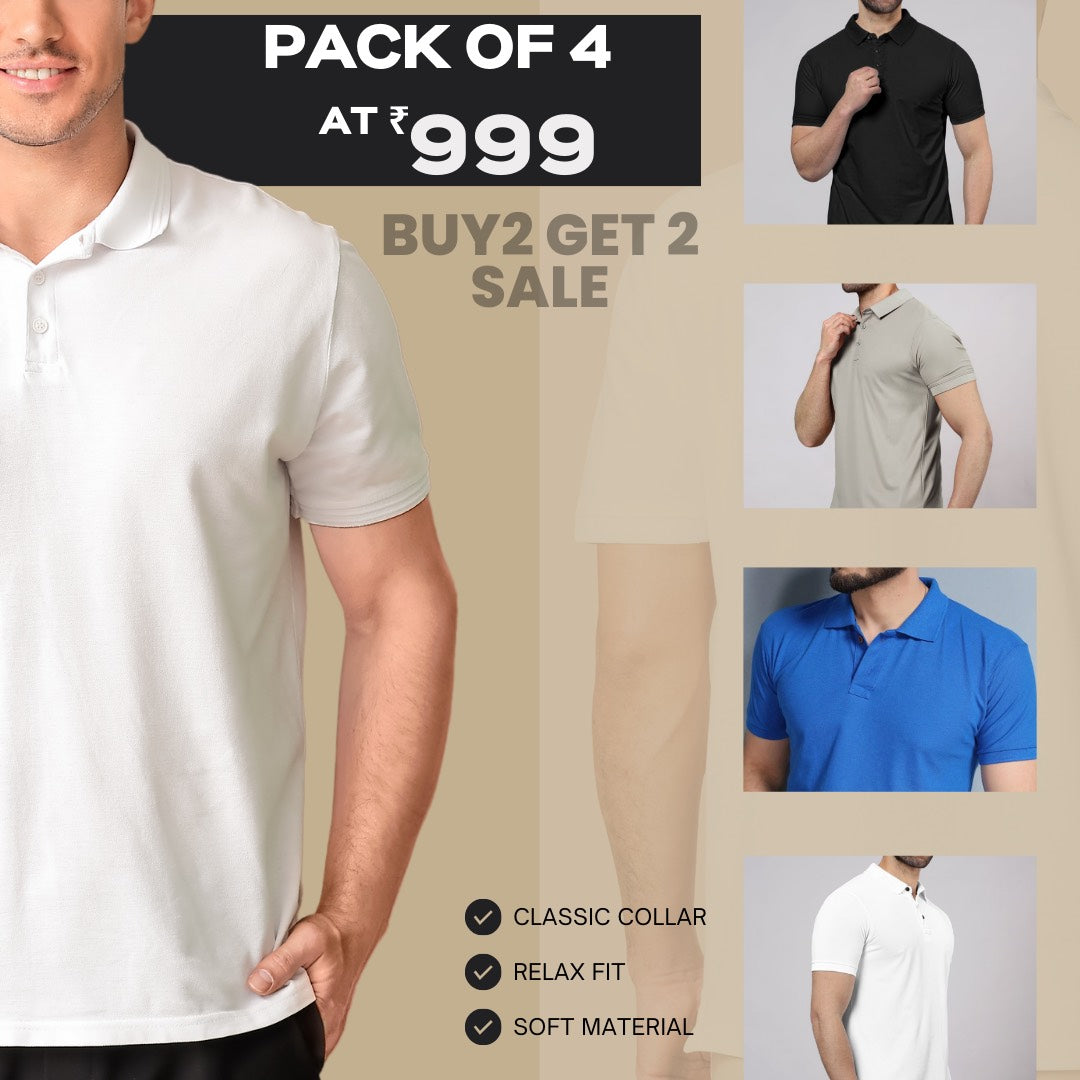 Men’s Solid Polo T-Shirt Combo Pack – 4 Classic Half Sleeves - DroolDeck