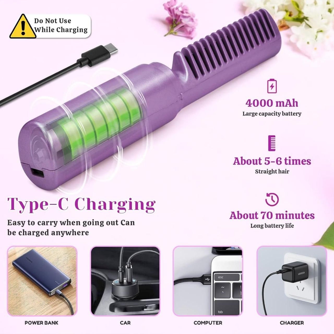 Portable Mini Hair Straightener, Cordless Rechargeable Mini Adjustable Hair Straightener Hot Comb - DroolDeck